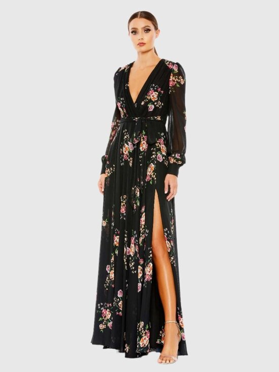 Mac Duggal Dresses & Skirts - Mac Duggal Size 6 Black Floral 55661 Belted Long Sleeve V-neck Gown Dress Flaws